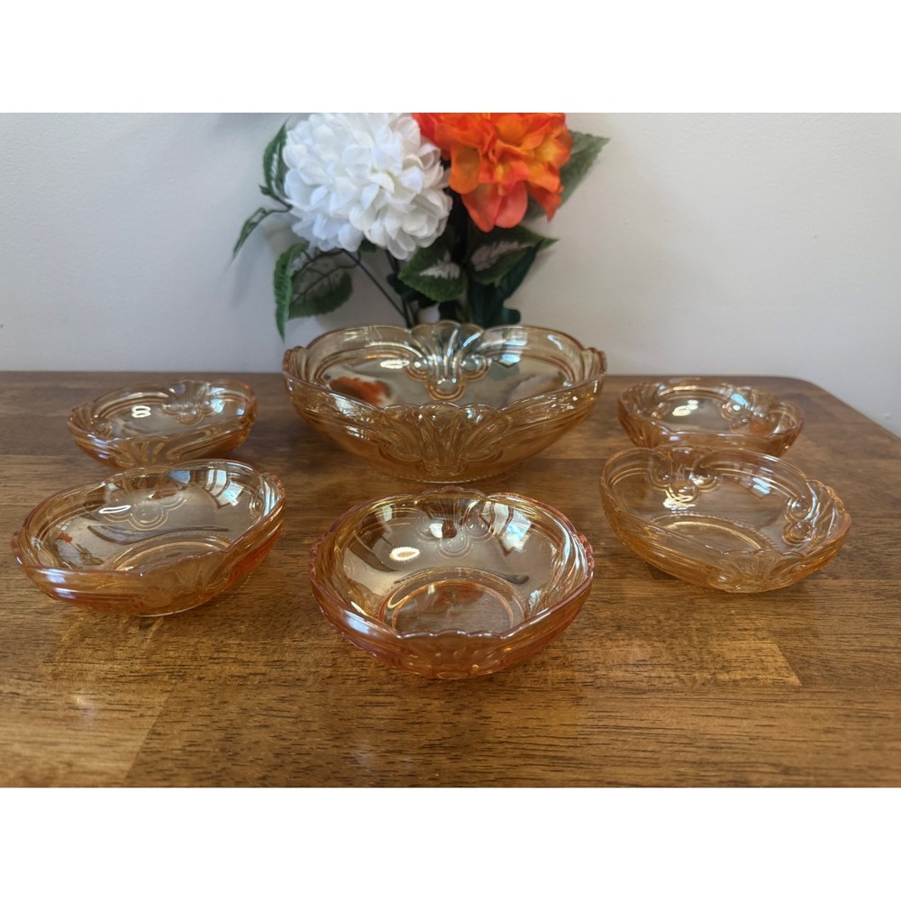 Vintage‎ Carnival Amber Glass Serving Bowl Set with Four Matching Dessert Bowls